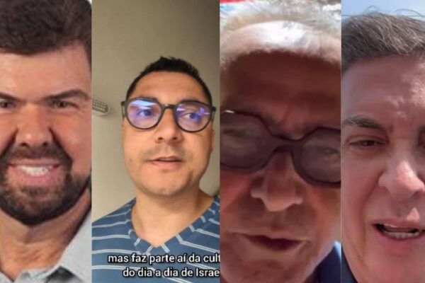 Quatro rostos em sequência: um homem sorrindo e três falando, possivelmente em vídeo.