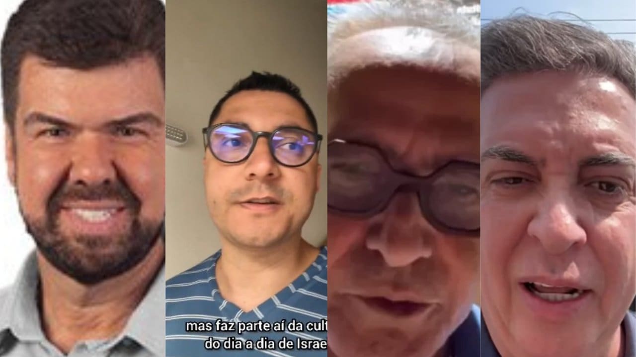 Quatro rostos em sequência: um homem sorrindo e três falando, possivelmente em vídeo.