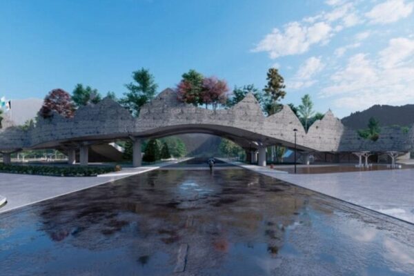 Renderização do pórtico de Nova Friburgo, projeto de entrada da cidade com design moderno.