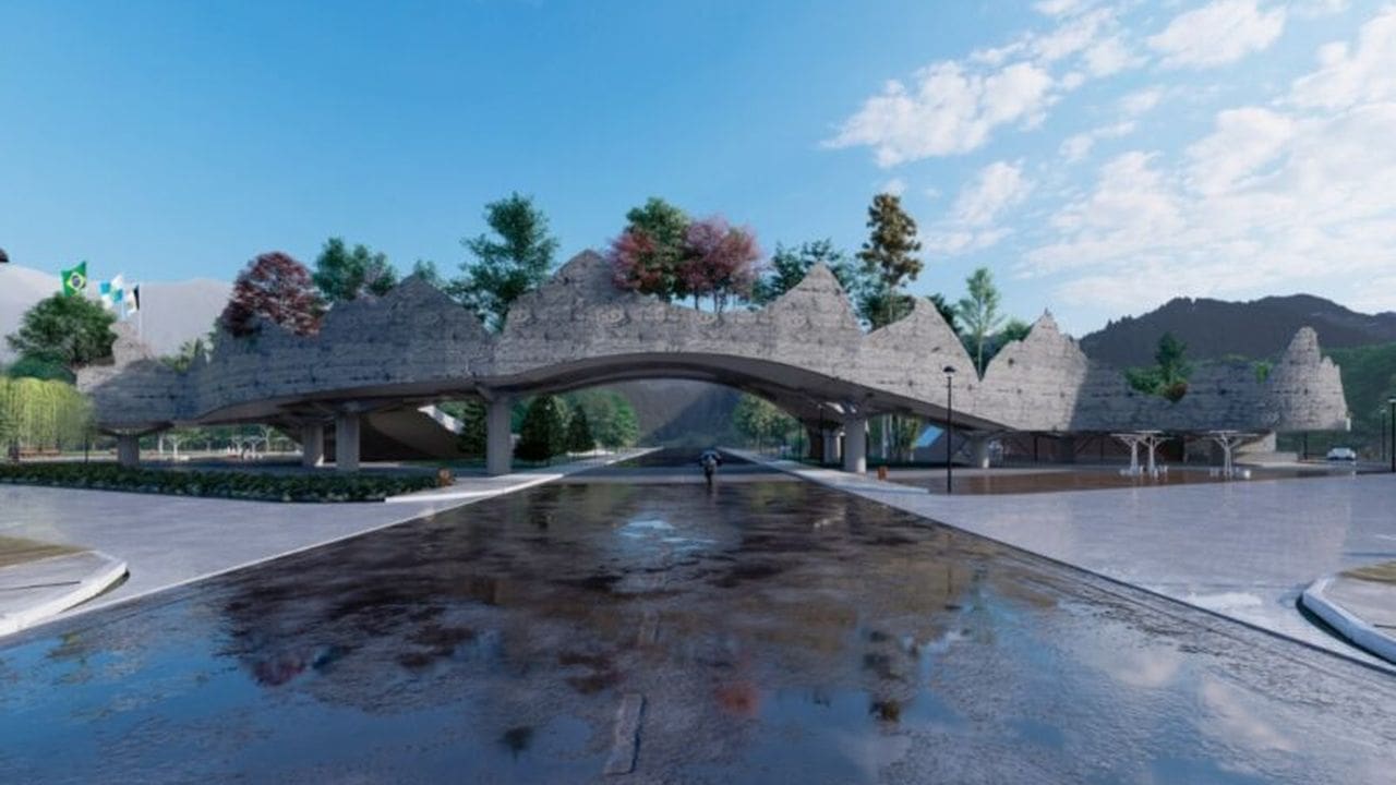 Renderização do pórtico de Nova Friburgo, projeto de entrada da cidade com design moderno.