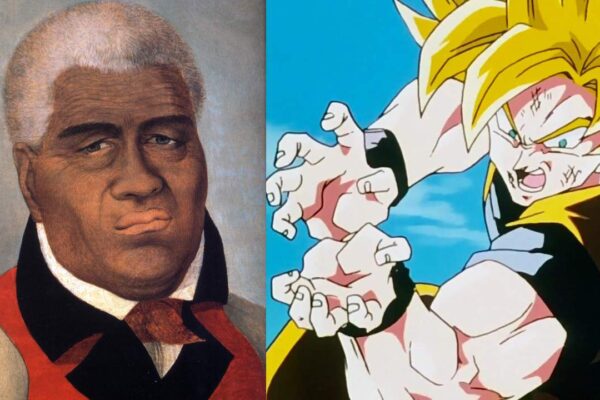 Retrato do Rei Kamehameha I e Goku executando um ataque de energia em Dragon Ball.