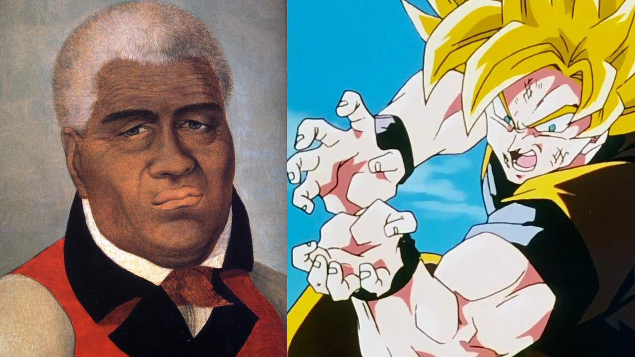 Retrato do Rei Kamehameha I e Goku executando um ataque de energia em Dragon Ball.