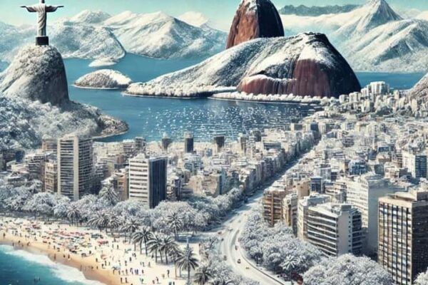 Rio de Janeiro coberto de neve, com o Cristo Redentor e o Pão de Açúcar.