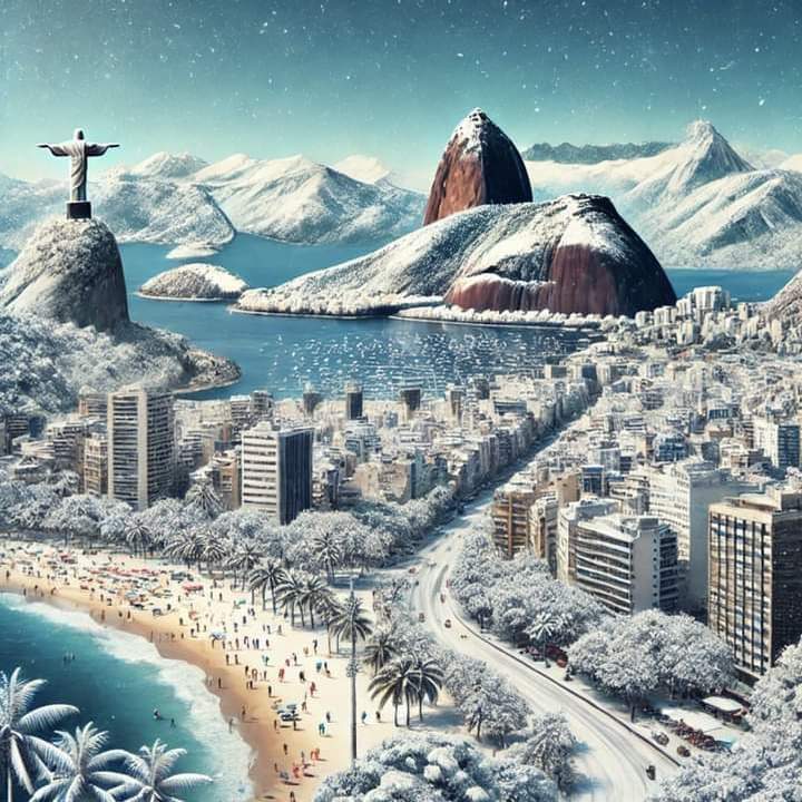Rio de Janeiro coberto de neve, com o Cristo Redentor e o Pão de Açúcar.