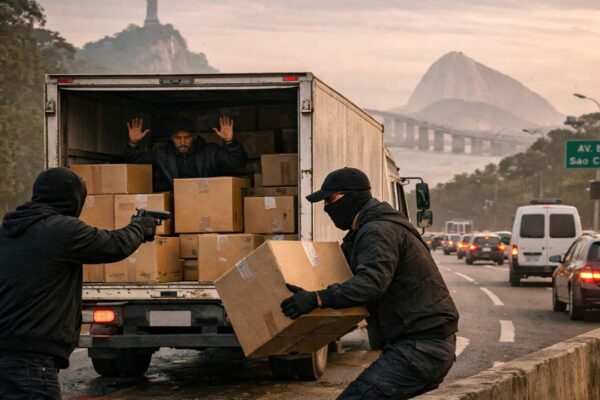 Roubo de carga no Rio de Janeiro: criminosos abordam caminhão em rodovia.