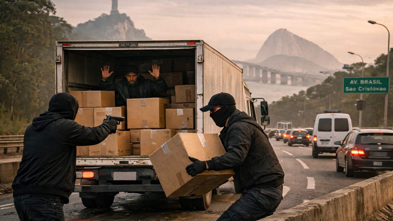Roubo de carga no Rio de Janeiro: criminosos abordam caminhão em rodovia.