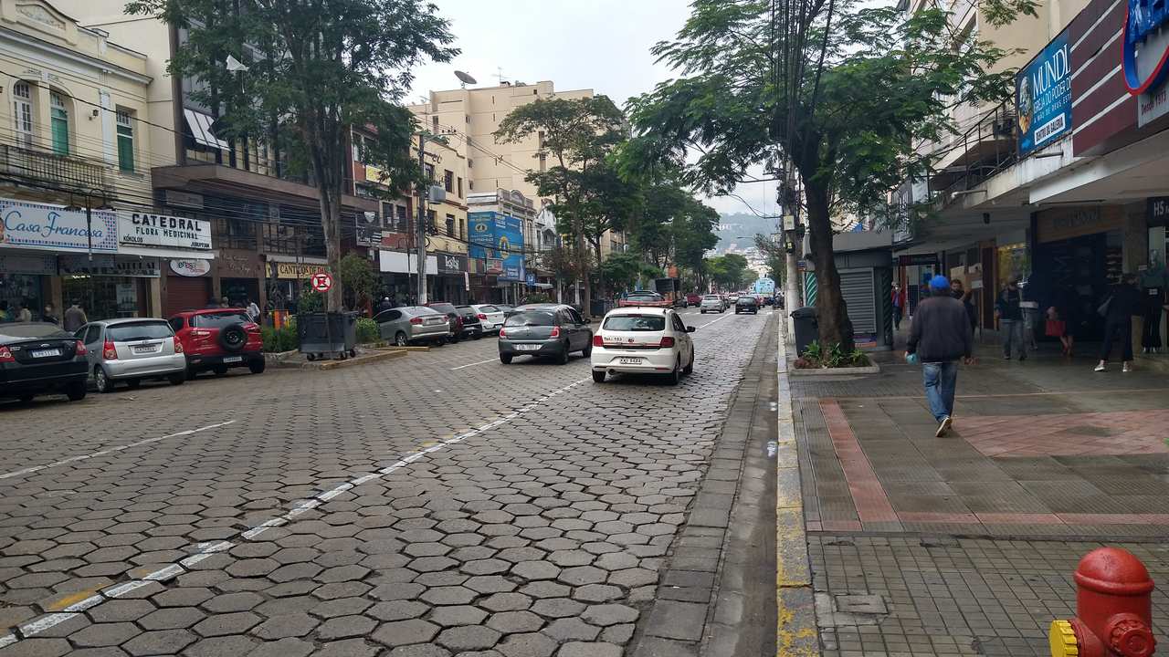Rua de Nova Friburgo com carros estacionados e prédios comerciais, um homem anda na calçada e um hidrante vermelho em primeiro plano.