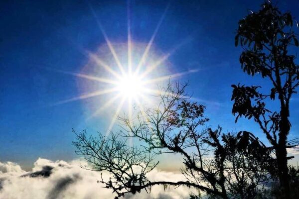 Sol brilhante no céu azul com árvores e nuvens, Pico da Caledônia.