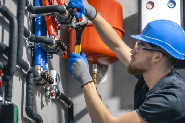 Técnico em instalações hidráulicas trabalha em tubulação