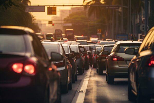 Trânsito intenso de carros em rua do Rio de Janeiro, com luz do sol no fim da tarde.