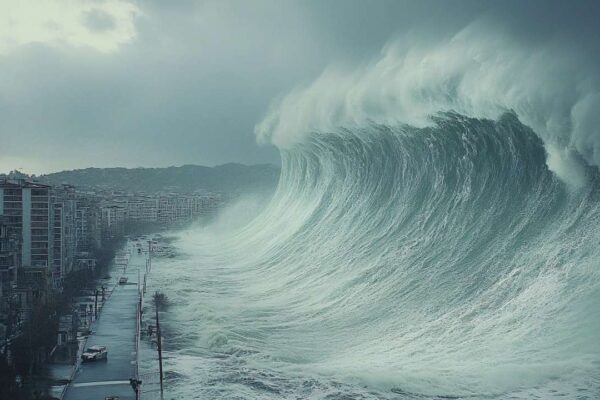 Tsunami gigante atingindo cidade costeira, mostrando edifícios e rua inundados.