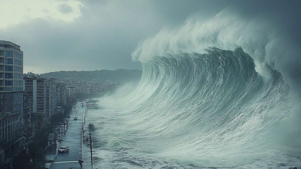 Tsunami gigante atingindo cidade costeira, mostrando edifícios e rua inundados.