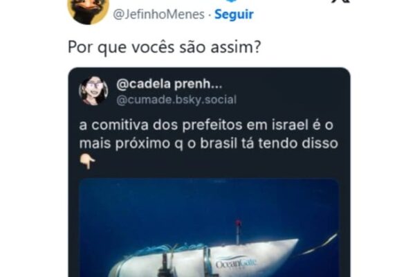 Tweet sobre prefeitos em Israel, com imagem de submarino da OceanGate.