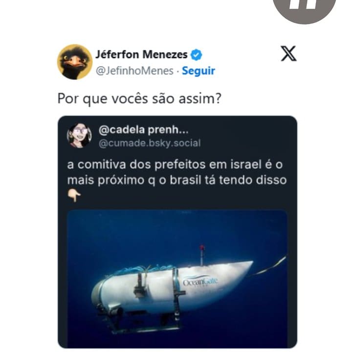 Tweet sobre prefeitos em Israel, com imagem de submarino da OceanGate.