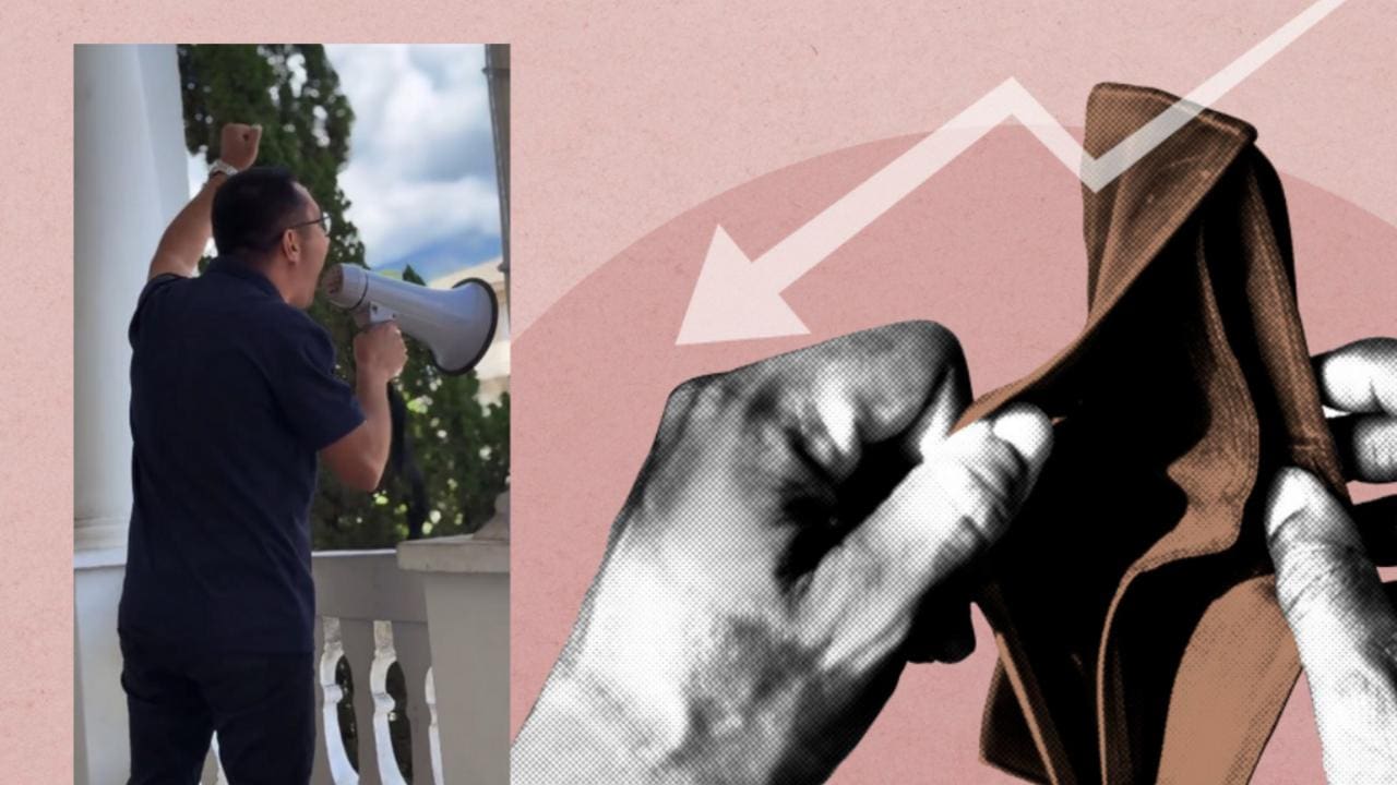 Um homem grita em um megafone enquanto uma mão esvazia uma carteira, representando o esgotamento do orçamento municipal.