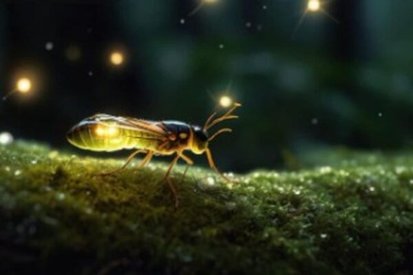 Vaga-lume brilhante em ambiente natural, com foco em detalhes da natureza.