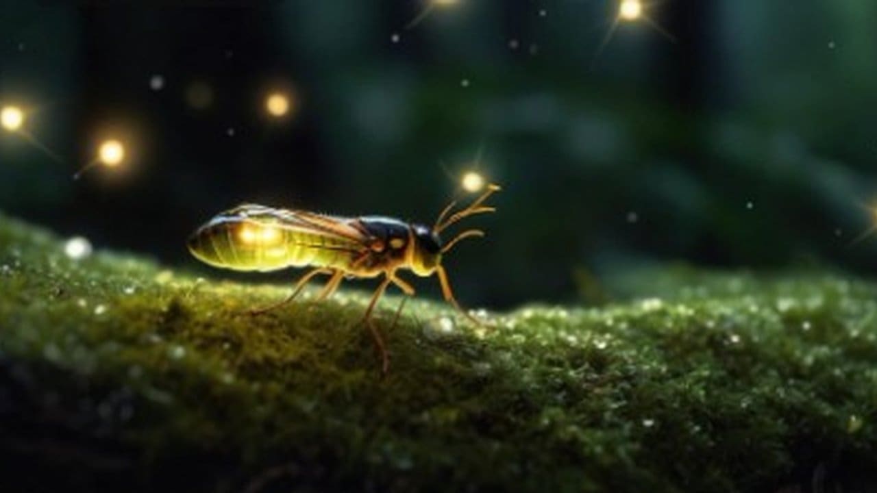 Vaga-lume brilhante em ambiente natural, com foco em detalhes da natureza.