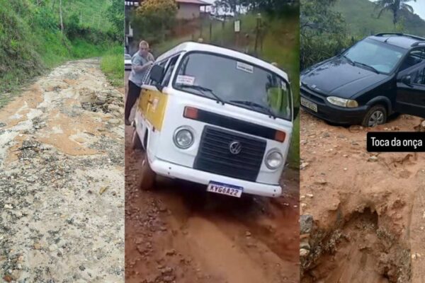 Veículos atolados em estrada de terra em Lumiar, com buracos e lama, causando suspensão de aulas.