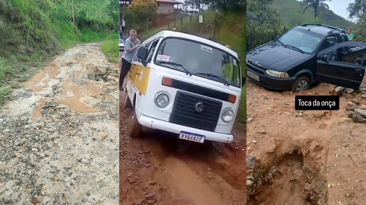 Veículos atolados em estrada de terra em Lumiar, com buracos e lama, causando suspensão de aulas.