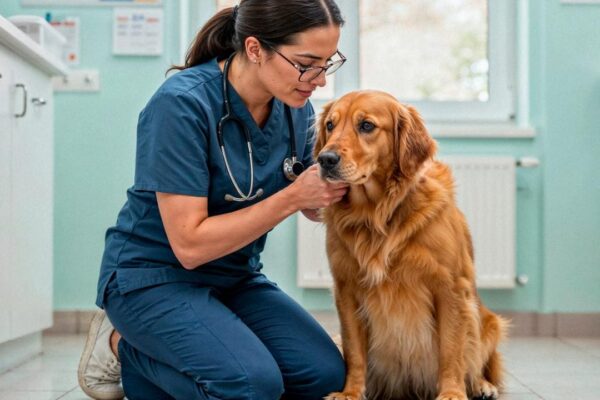 Veterinária examina golden retriever em clínica após convênio com prefeitura.