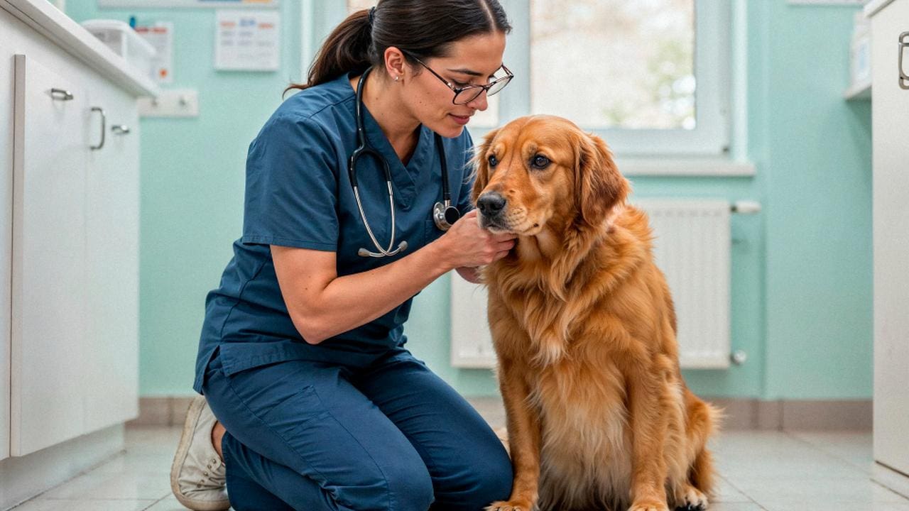 Veterinária examina golden retriever em clínica após convênio com prefeitura.