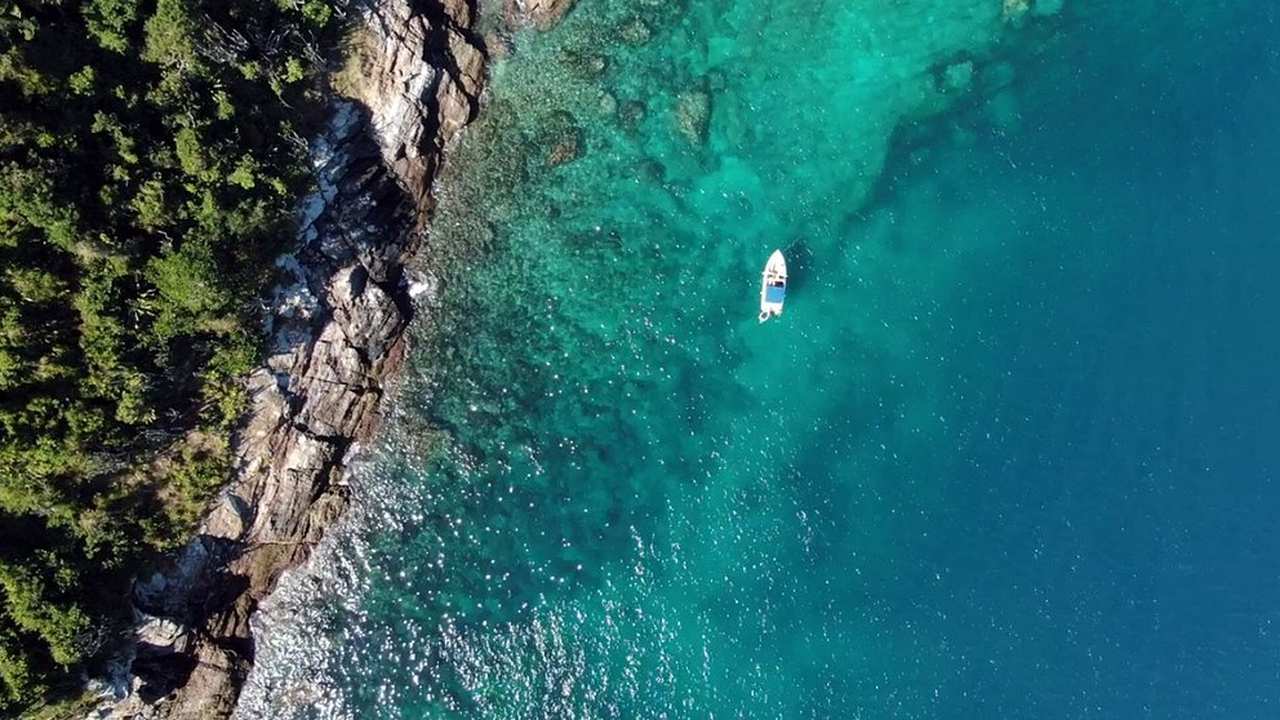 Vista aérea da Ilha dos Papagaios em Cabo Frio, com barco na água turquesa e vegetação.