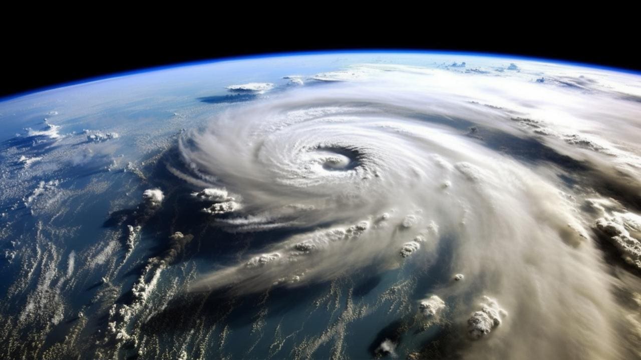 Vista aérea de um ciclone extratropical sobre o oceano, com vórtice proeminente e céu azul.