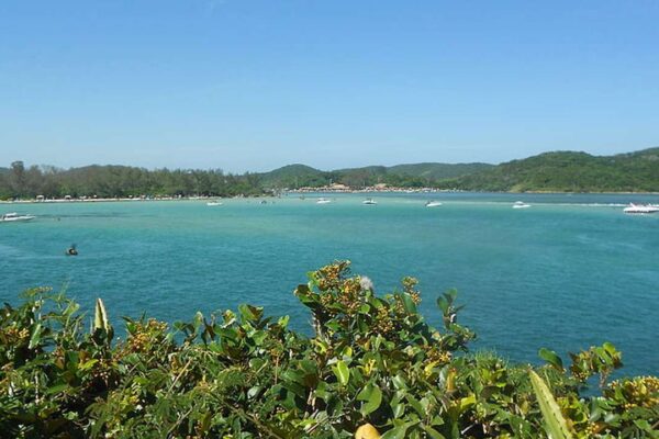Vista panorâmica da Lagoa de Araruama com barcos, vegetação e céu azul.