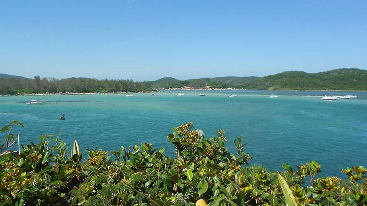 Vista panorâmica da Lagoa de Araruama com barcos, vegetação e céu azul.