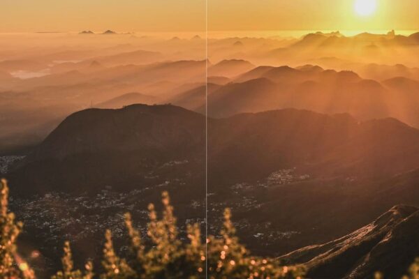 Vista panorâmica de montanhas e cidade ao pôr do sol em Nova Friburgo, RJ.