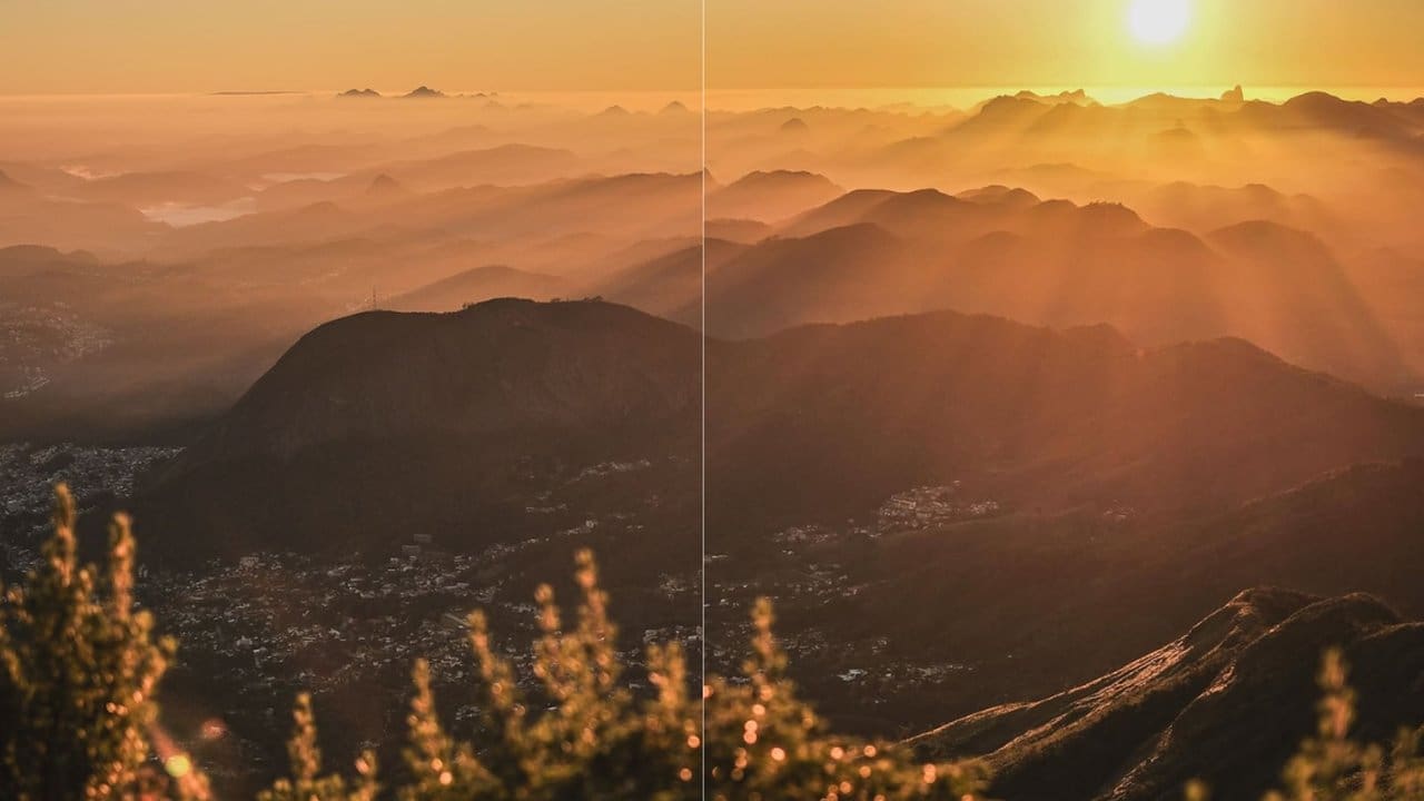 Vista panorâmica de montanhas e cidade ao pôr do sol em Nova Friburgo, RJ.