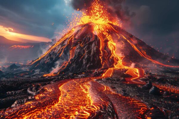 Vulcão em erupção com lava incandescente e céu nublado