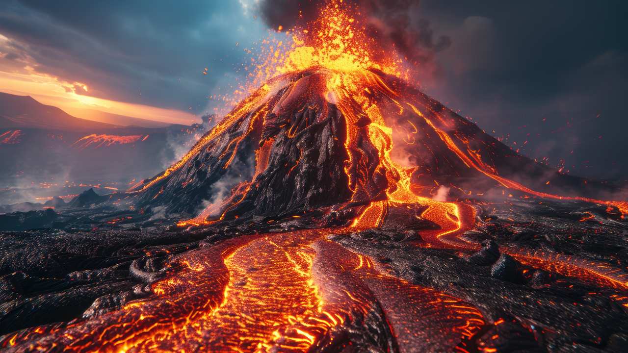 Vulcão em erupção com lava incandescente e céu nublado