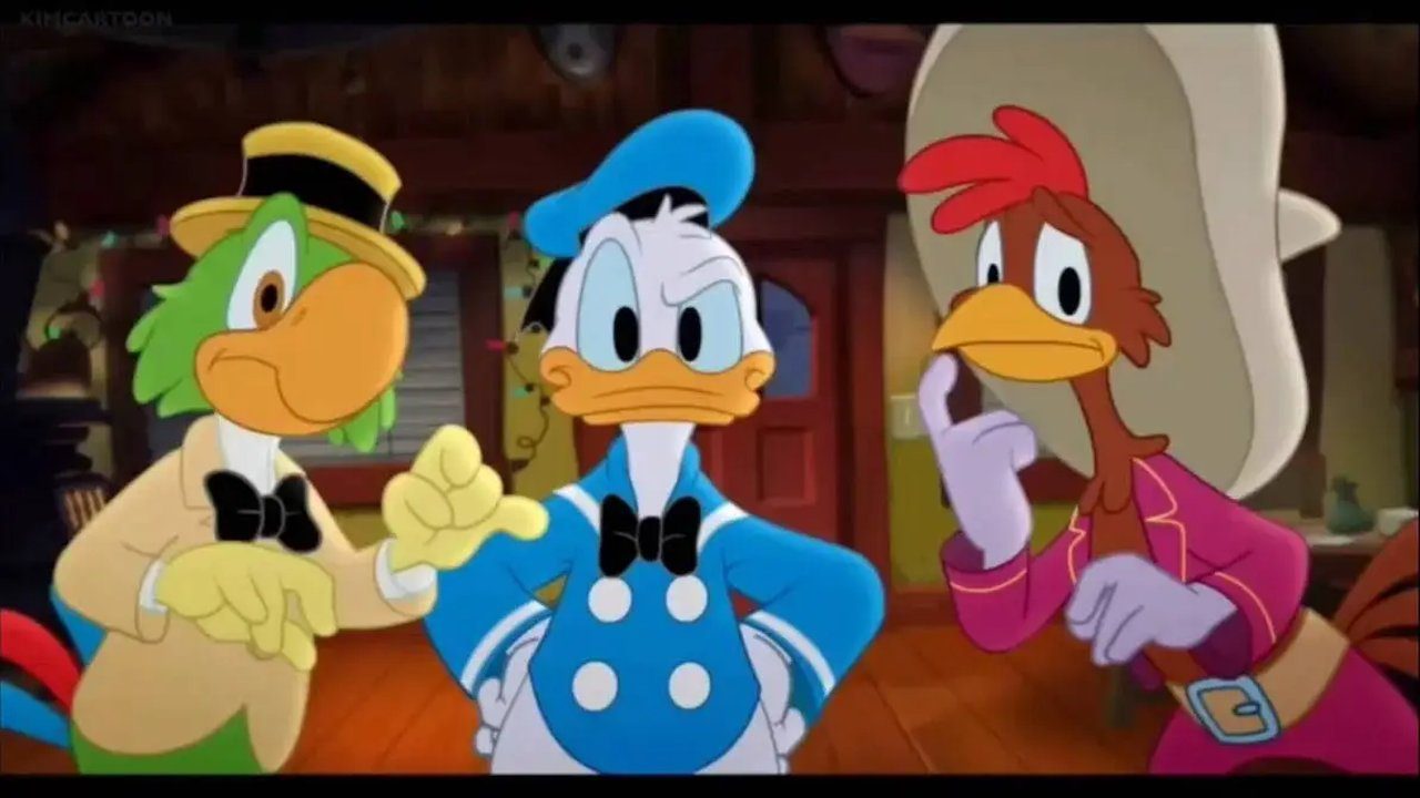 Zé Carioca, Pato Donald e Panchito Pistoles em cena de desenho animado