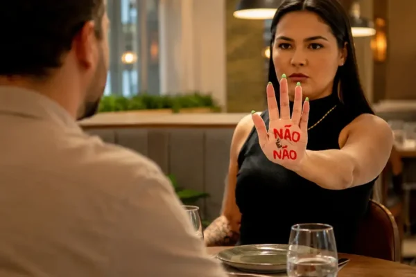Mulher sentada em restaurante mostra a palma da mão com a mensagem “Não é Não” diante de um homem