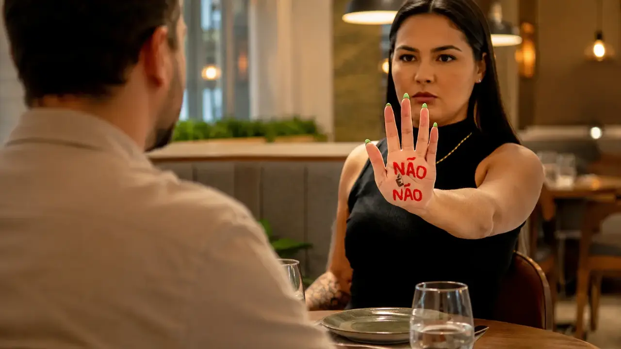 Mulher sentada em restaurante mostra a palma da mão com a mensagem “Não é Não” diante de um homem