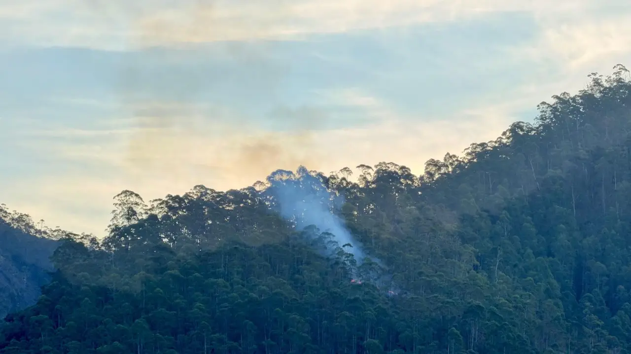 Fumaça de incêndio sobe em área de mata no Vale dos Pinheiros, em Nova Friburgo