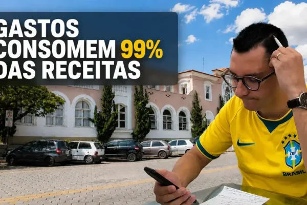 Prefeito Johnny Maycon diante da Prefeitura de Nova Friburgo em montagem sobre as contas municipais