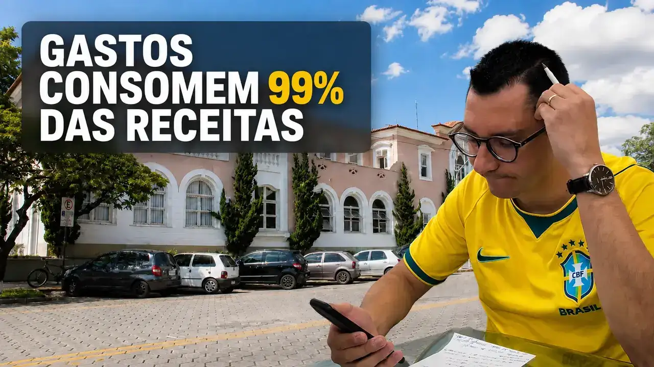 Prefeito Johnny Maycon diante da Prefeitura de Nova Friburgo em montagem sobre as contas municipais