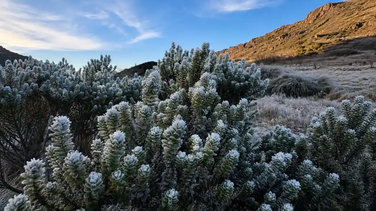 Vegetação coberta por uma espessa camada de gelo no Parque Nacional do Itatiaia após temperatura de 11,5 graus negativos.