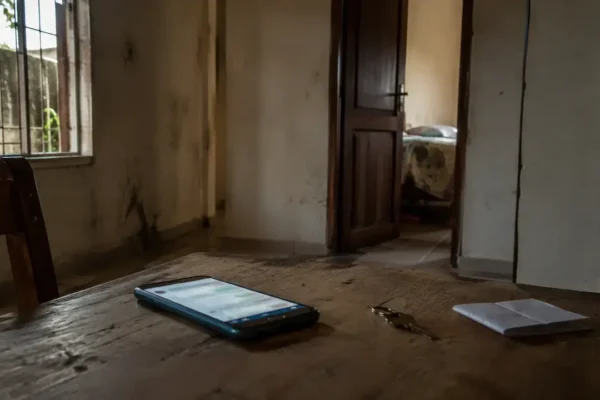 Celular sobre mesa simboliza pedido de socorro enviado de dentro de casa