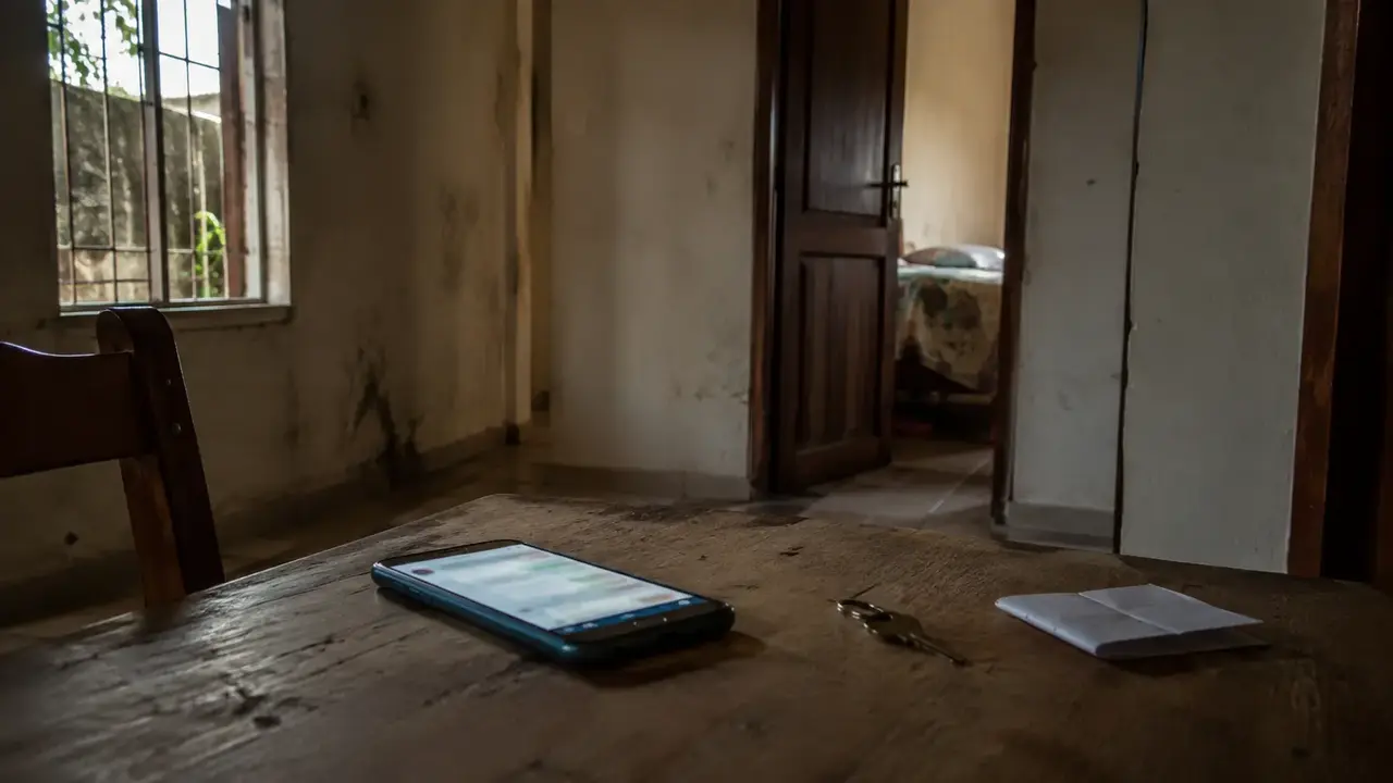 Celular sobre mesa simboliza pedido de socorro enviado de dentro de casa