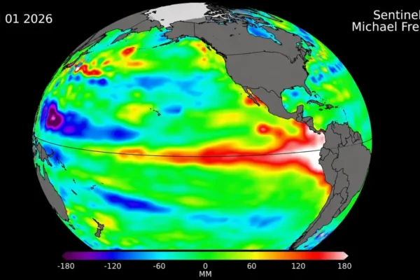 Imagem com mapa do Oceano Pacífico destacando áreas com aquecimento acima da média, utilizadas pela NOAA para monitorar o desenvolvimento do El Niño.