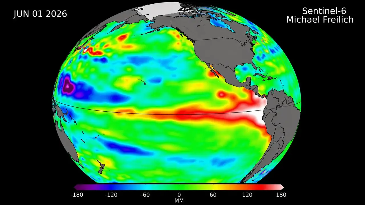 Imagem com mapa do Oceano Pacífico destacando áreas com aquecimento acima da média, utilizadas pela NOAA para monitorar o desenvolvimento do El Niño.