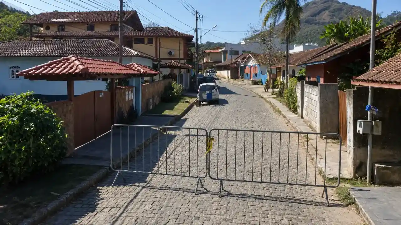 Rua em São Pedro da Serra com movimento de veículos e pedestres durante programação no distrito.