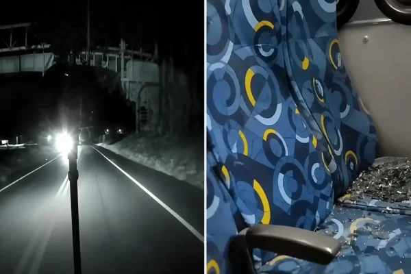 Janela lateral quebrada no ônibus 556 da linha 53B após apedrejamento na RJ-130