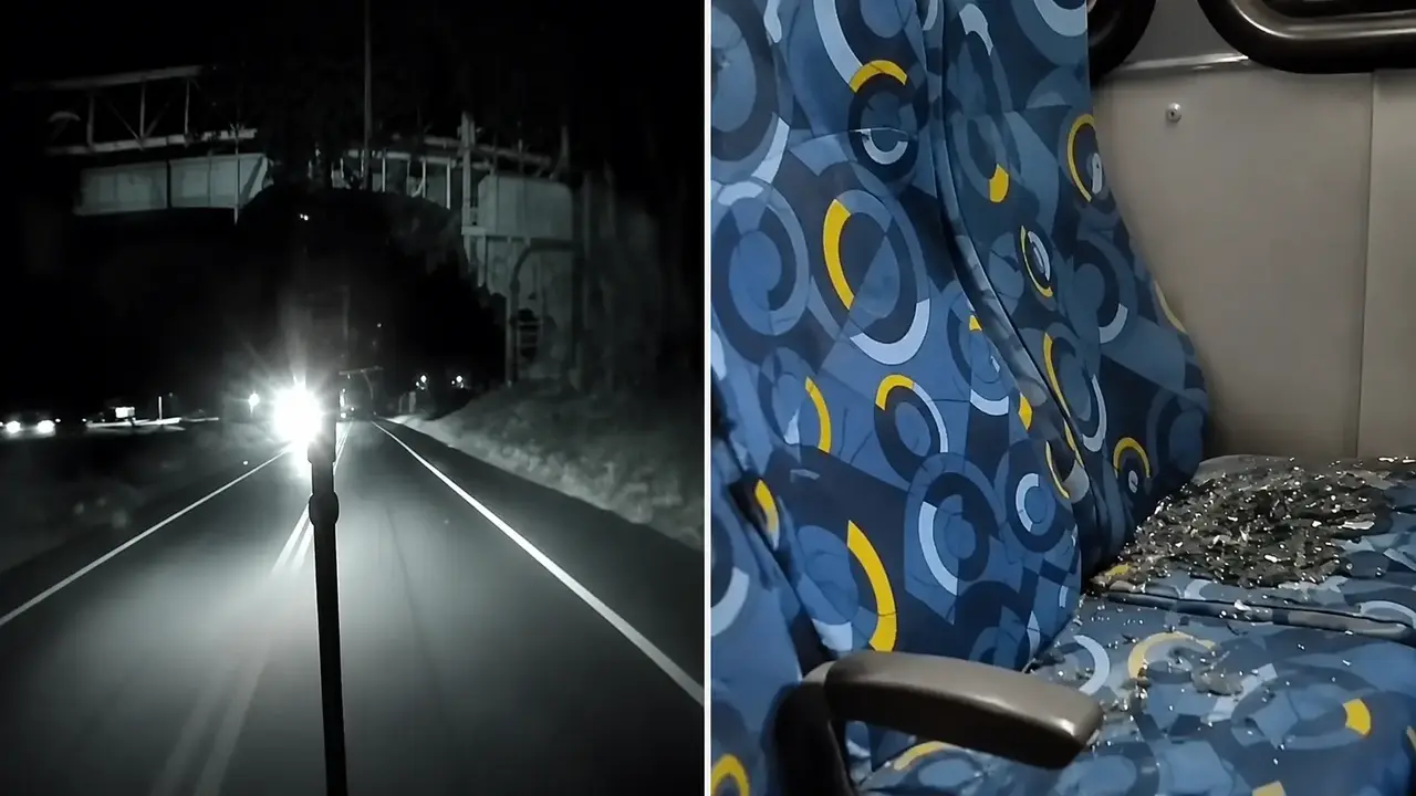 Janela lateral quebrada no ônibus 556 da linha 53B após apedrejamento na RJ-130
