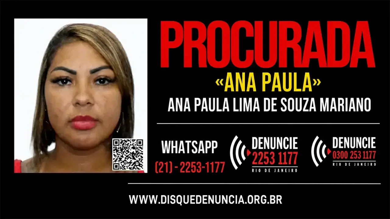 Cartaz do Disque Denúncia procura Ana Paula Lima de Souza Mariano, investigada no caso de uma clínica estética em São João de Meriti.