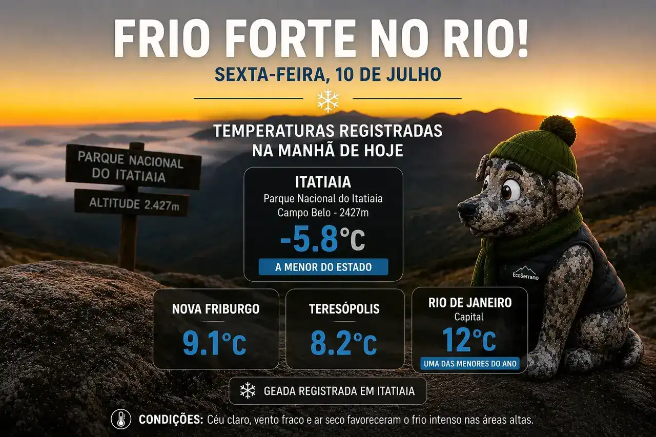 Paisagem do Parque Nacional do Itatiaia durante o amanhecer, com vegetação coberta por geada e termômetro indicando temperatura negativa.