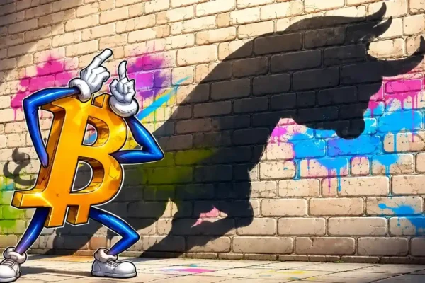 Ilustração de Bitcoin diante da sombra de um touro em parede grafitada